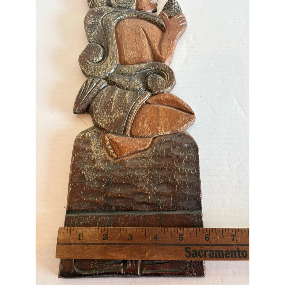 Vintage Mayan Aztec Hand Carved Wood Wall Plaque Folk Art Figure 21 Inch